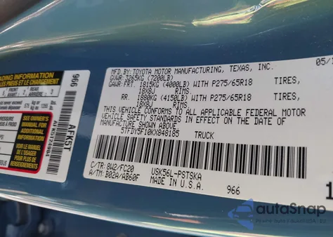 2019 Toyota Tundra Sr5 5.7L V8 z USA, uszkodzony, nr VIN 5TFDY5F10KX848185